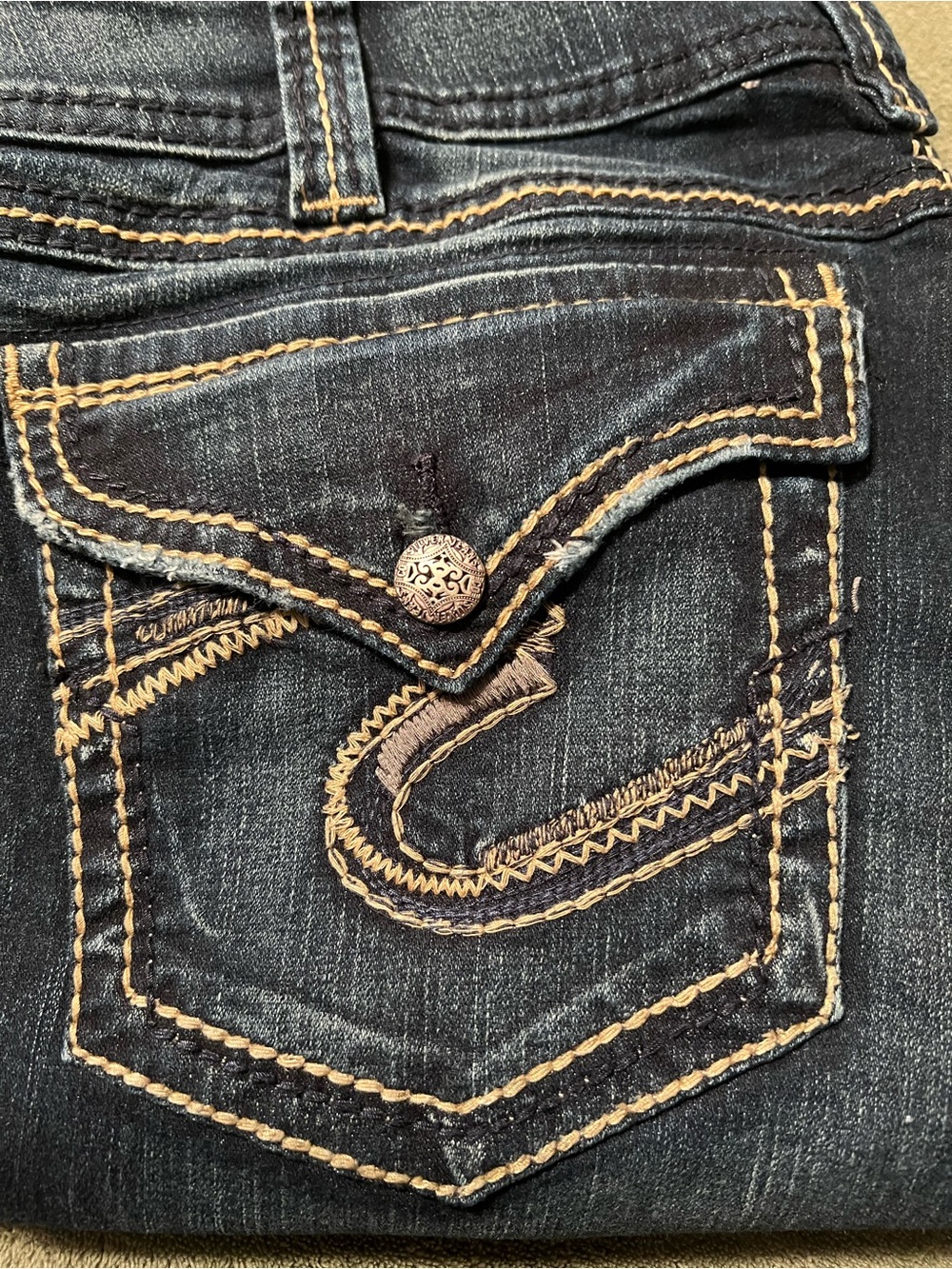 Silver Jeans Women's Dark Blue Boot Cut Jeans with Tan Stitching